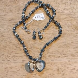 Handmade Elegant Silver and Grey Faux Pearl Heart Watch Pendant Necklace Set